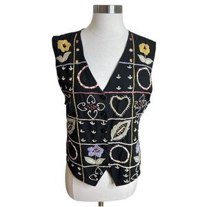 Vintage Embroidered Boho Folk Vest Black Floral Button Front Womens M